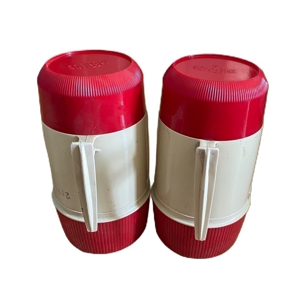 Vintage Thermos Vacuum Jar Bottle Set of 2 6202 Red Tan 1 Pint Wide Mouth